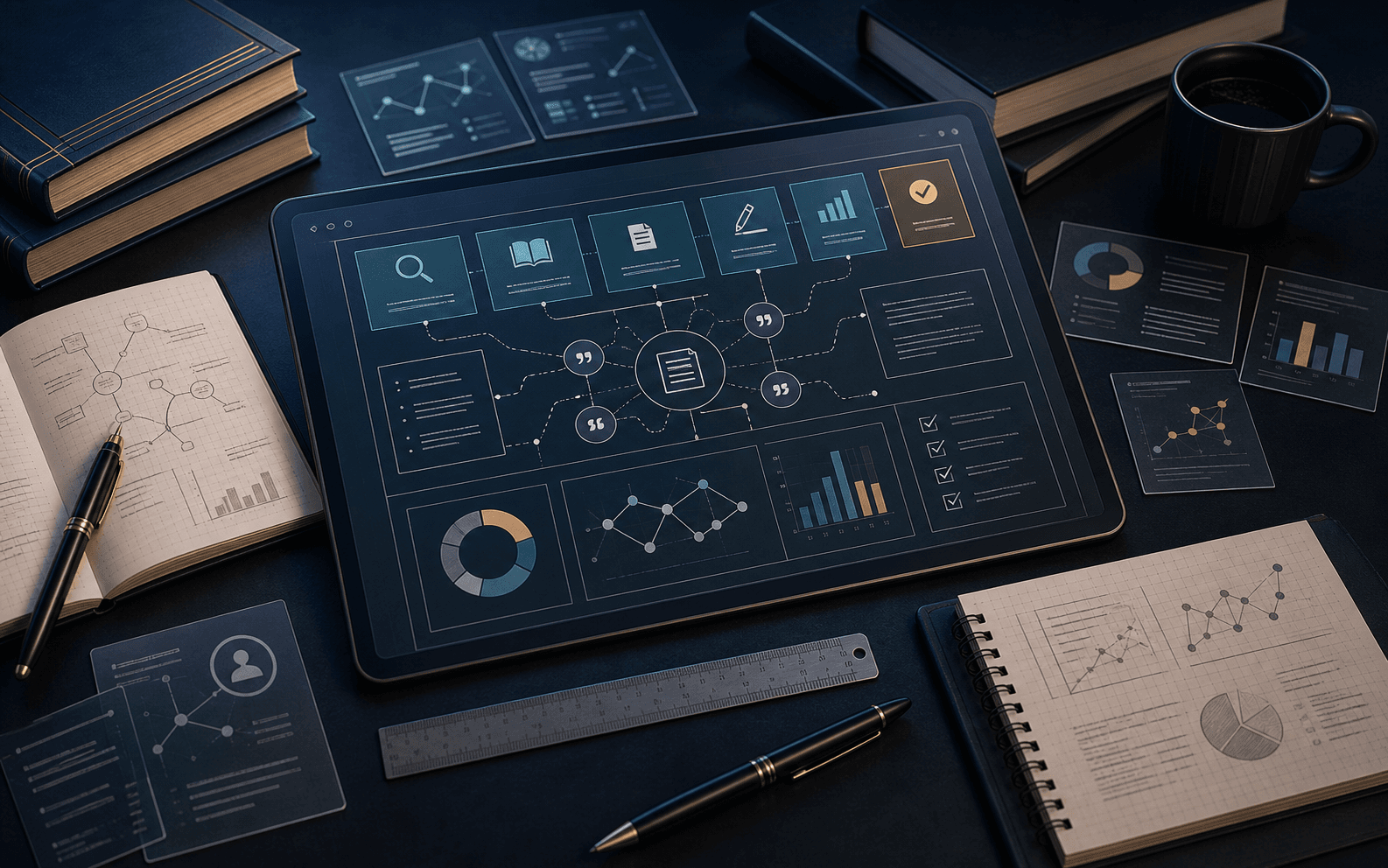 Mesa de trabajo académica con mapa de método, fuentes y capítulos para un TFM